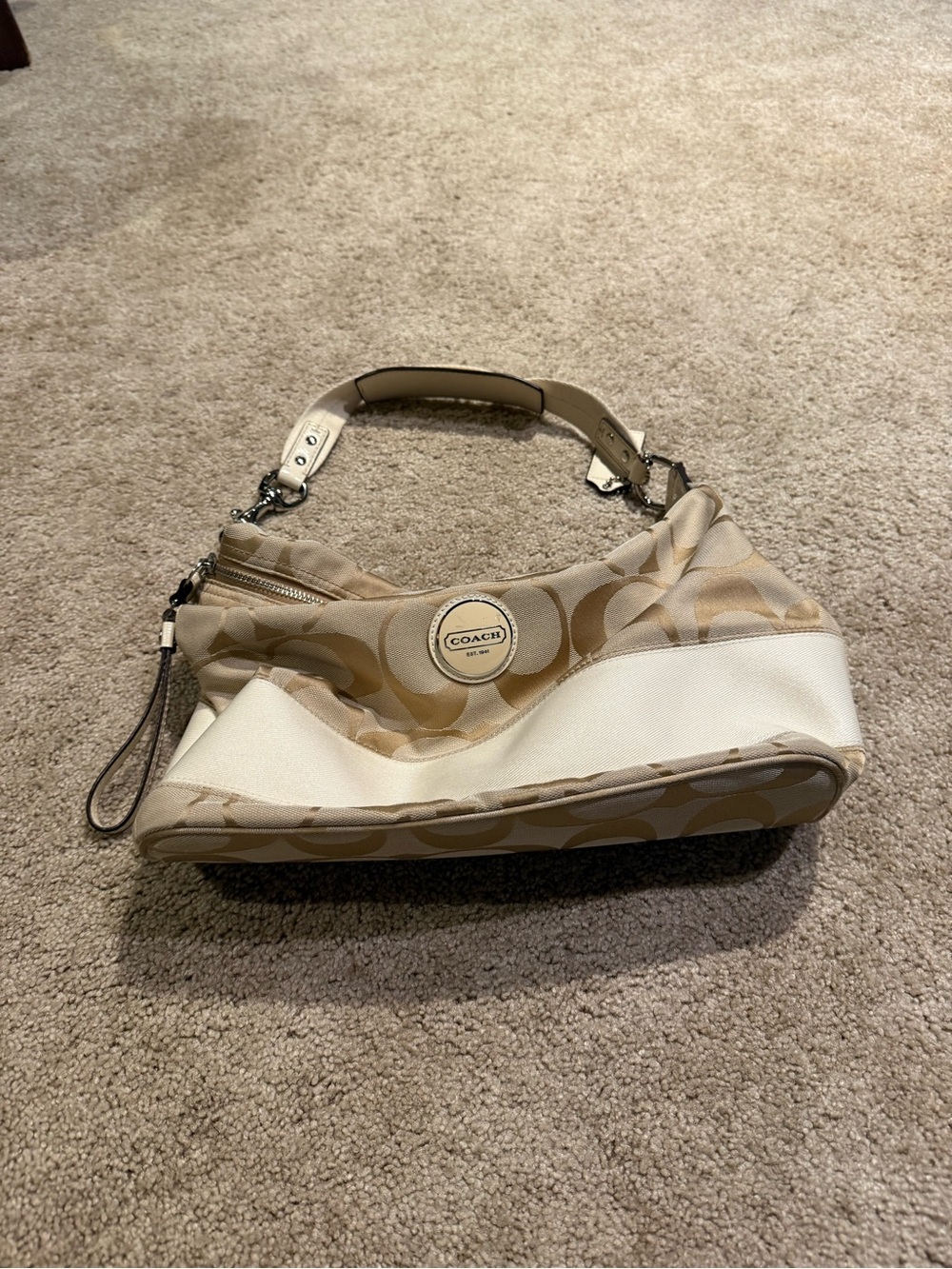Coach Khaki & White Signature Stripe Hobo Shoulder Bag F17434